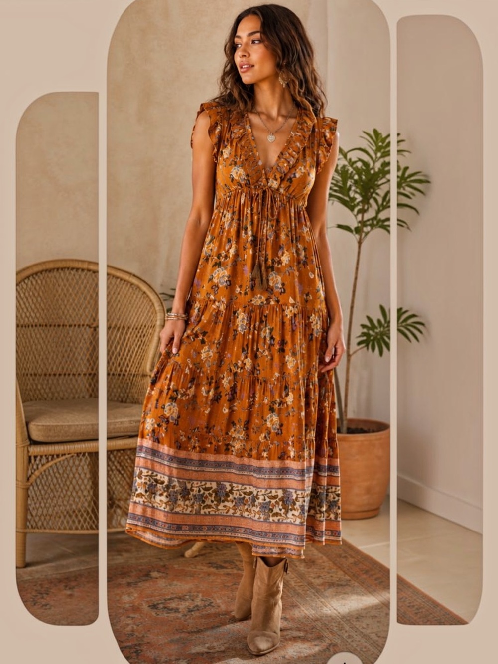 Raga Morning Glories Maxi Dress Tiered Tassels Size Small Romantic Boho Fall New